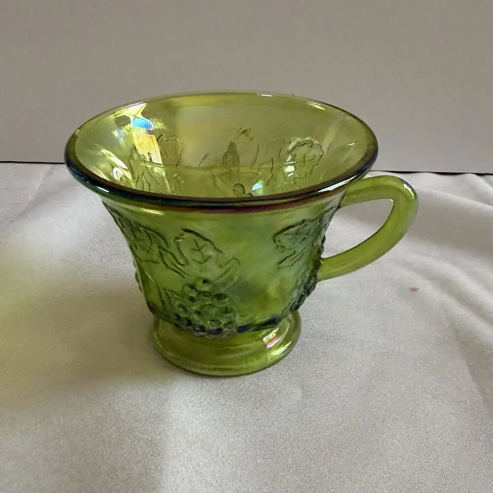 Vtg Indiana Glass Lime Green Carnival Glass Harvest Grape 6 Pc Snack Set 4 Plt 2